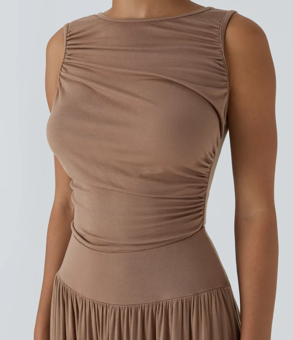 Ribbed Boat Neck Ruched Side Pocket Flowy Maxi Casual Dress