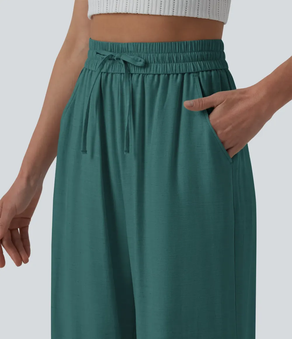 2026🔥High Waisted Drawstring Wide Leg Casual Linen-Blend Trousers with Pockets