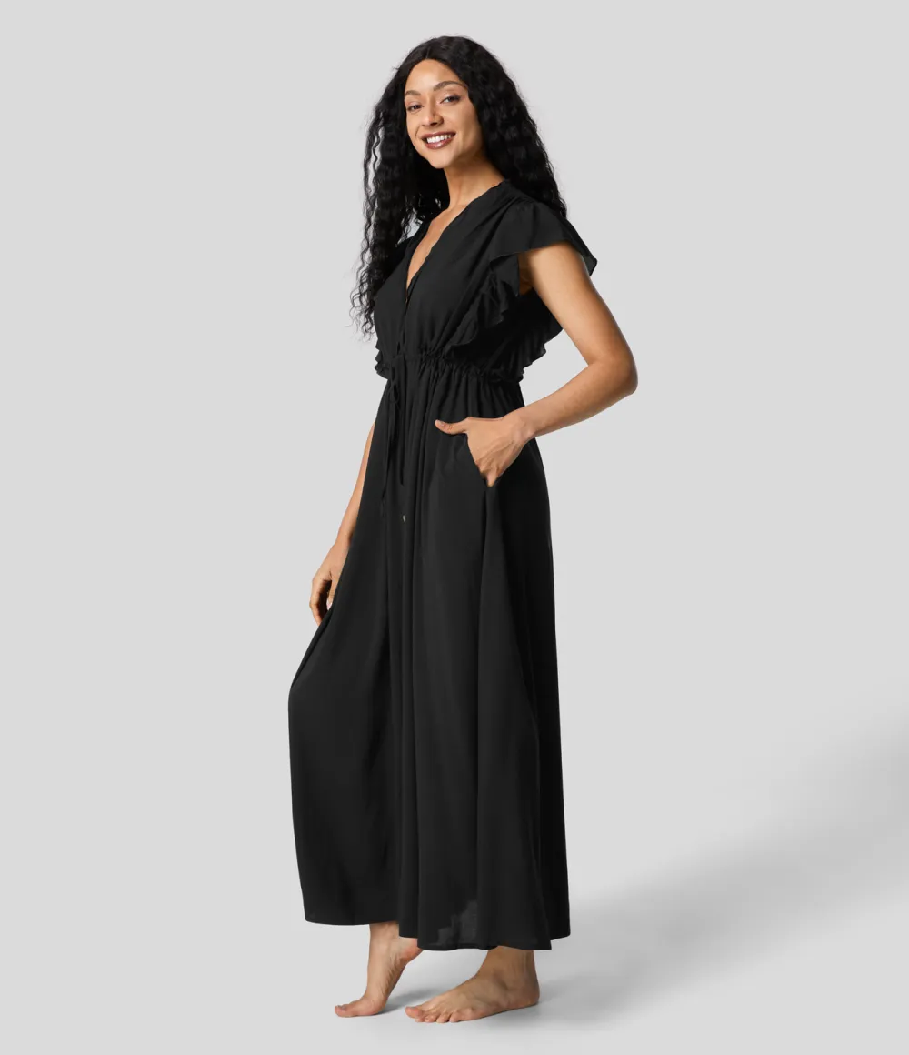 Deep V Neck Butterfly Sleeve Backless Drawstring Button Side Pocket Flowy Maxi Casual Dress
