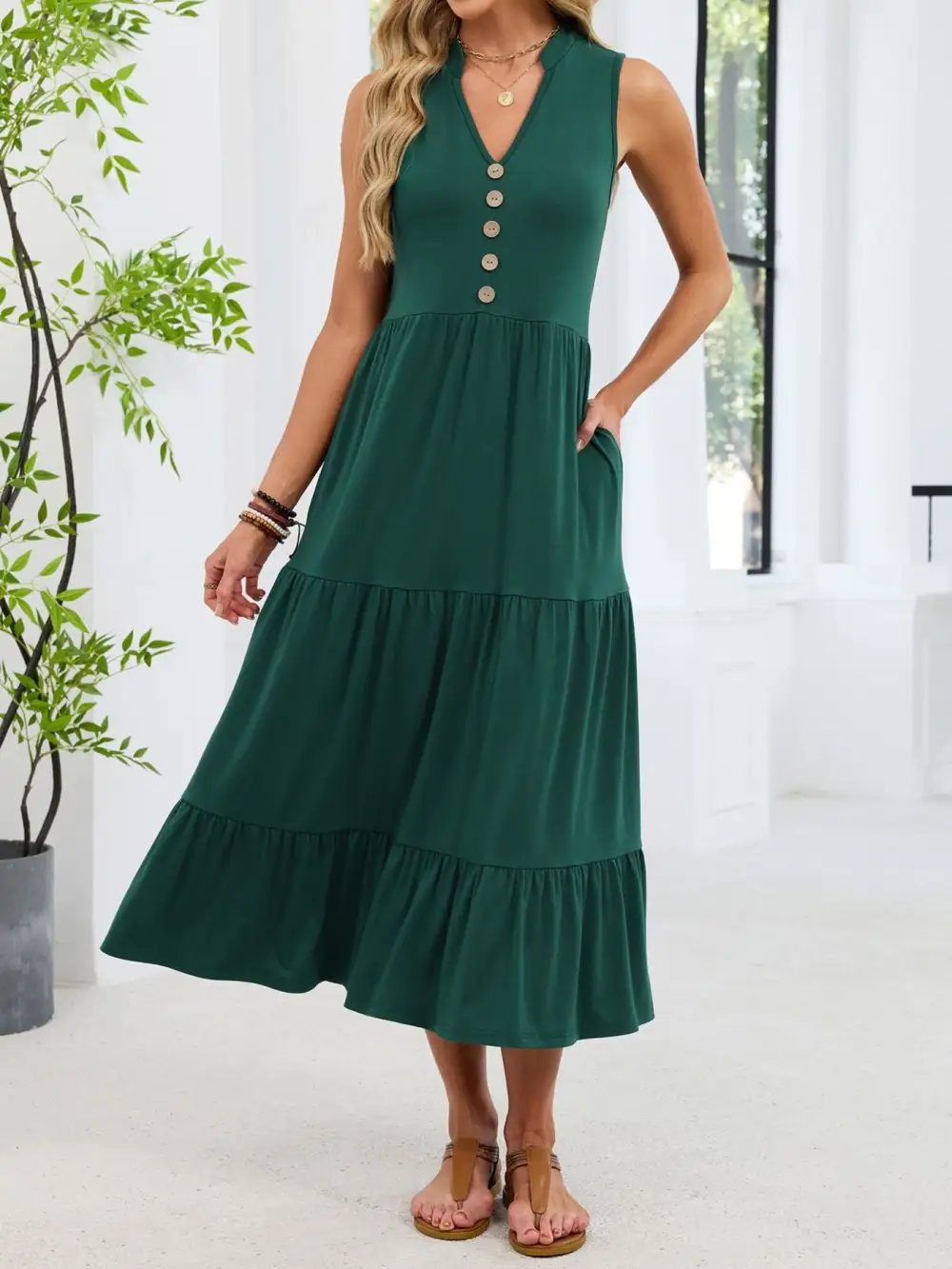 Sleeveless Notched Tiered Midi Dress