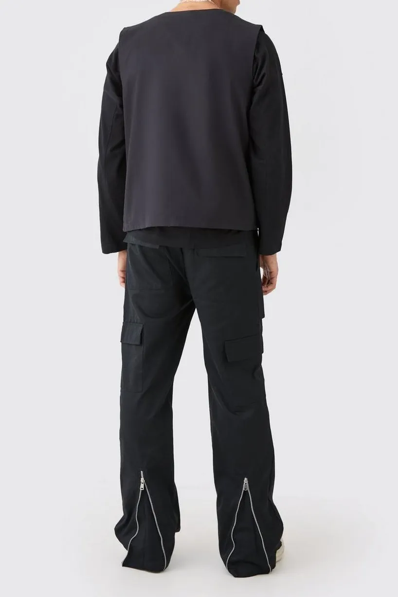 Elasticated Waist Zip Hem Flared Cargo Pants Black