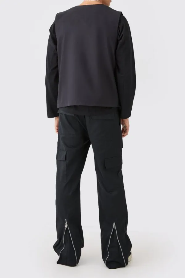 Elasticated Waist Zip Hem Flared Cargo Pants Black