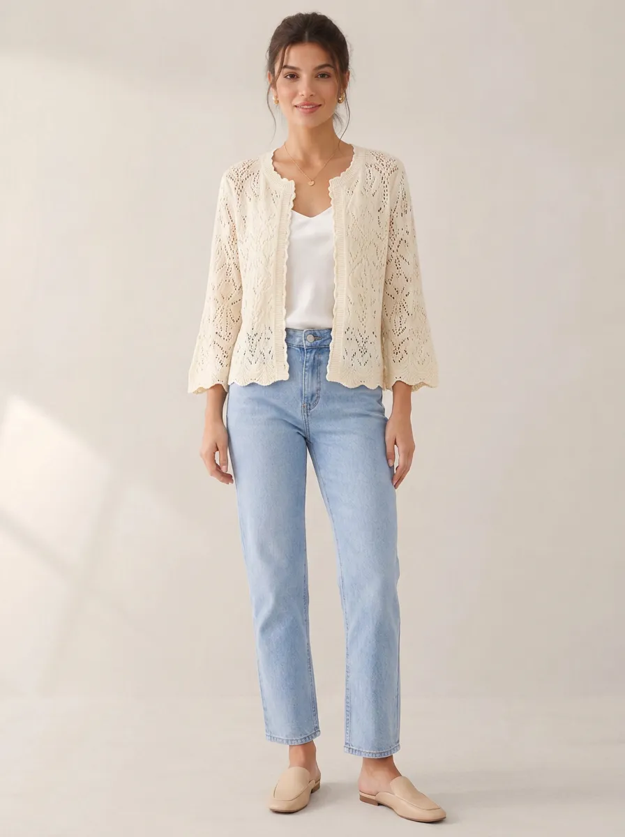 Women's Casual Elegant Crochet Knit Open Front Cardigan