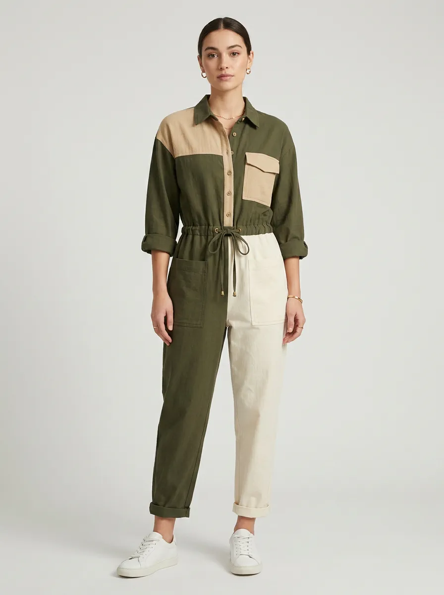 Women's Casual Style Olive Beige Colorblock Button Down Jumpsuit