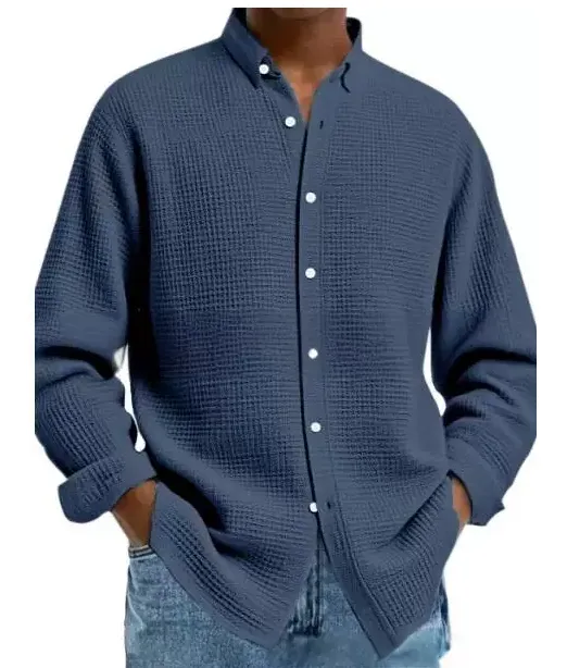 Men's Solid Color Waffle Knit Fashion Casual Long Sleeve Shirt Cardigan