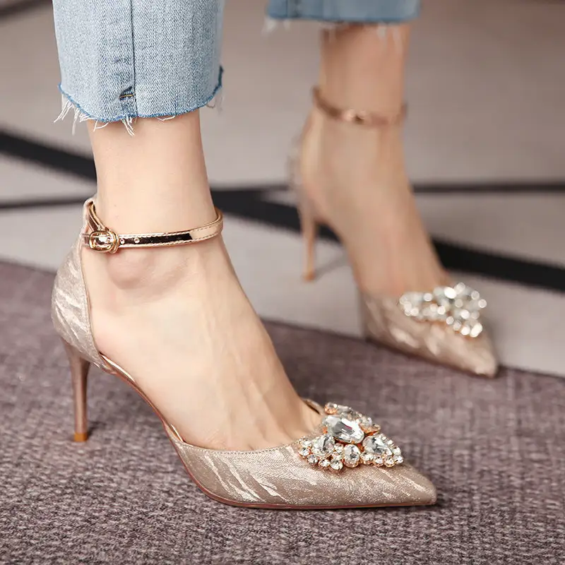 Pointed Toe Stiletto Heel Rhinestone Floral Detail Shoes