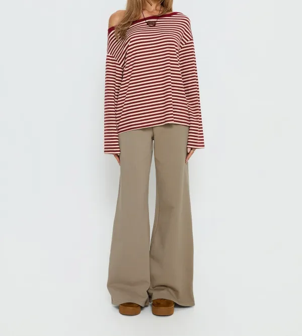 Red Striped Off-Shoulder Long Sleeve Knit Top
