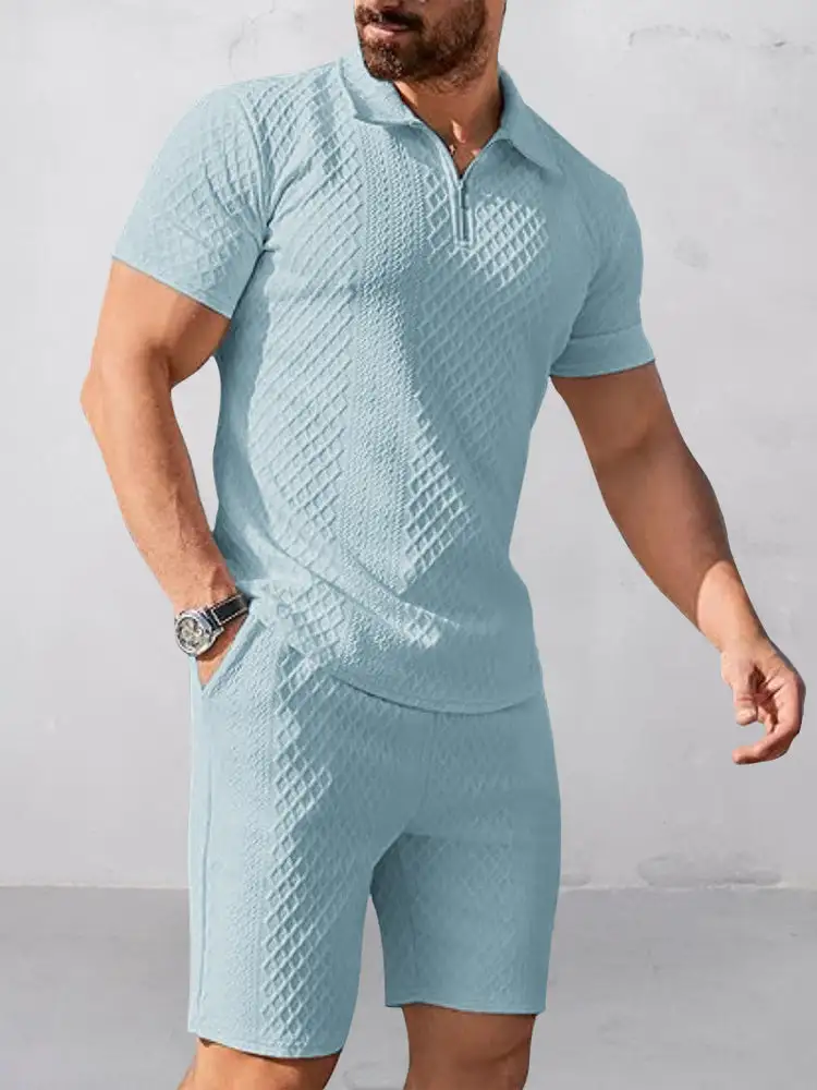 Trendy Textured Polo Shorts Outfit Two Piece Set
