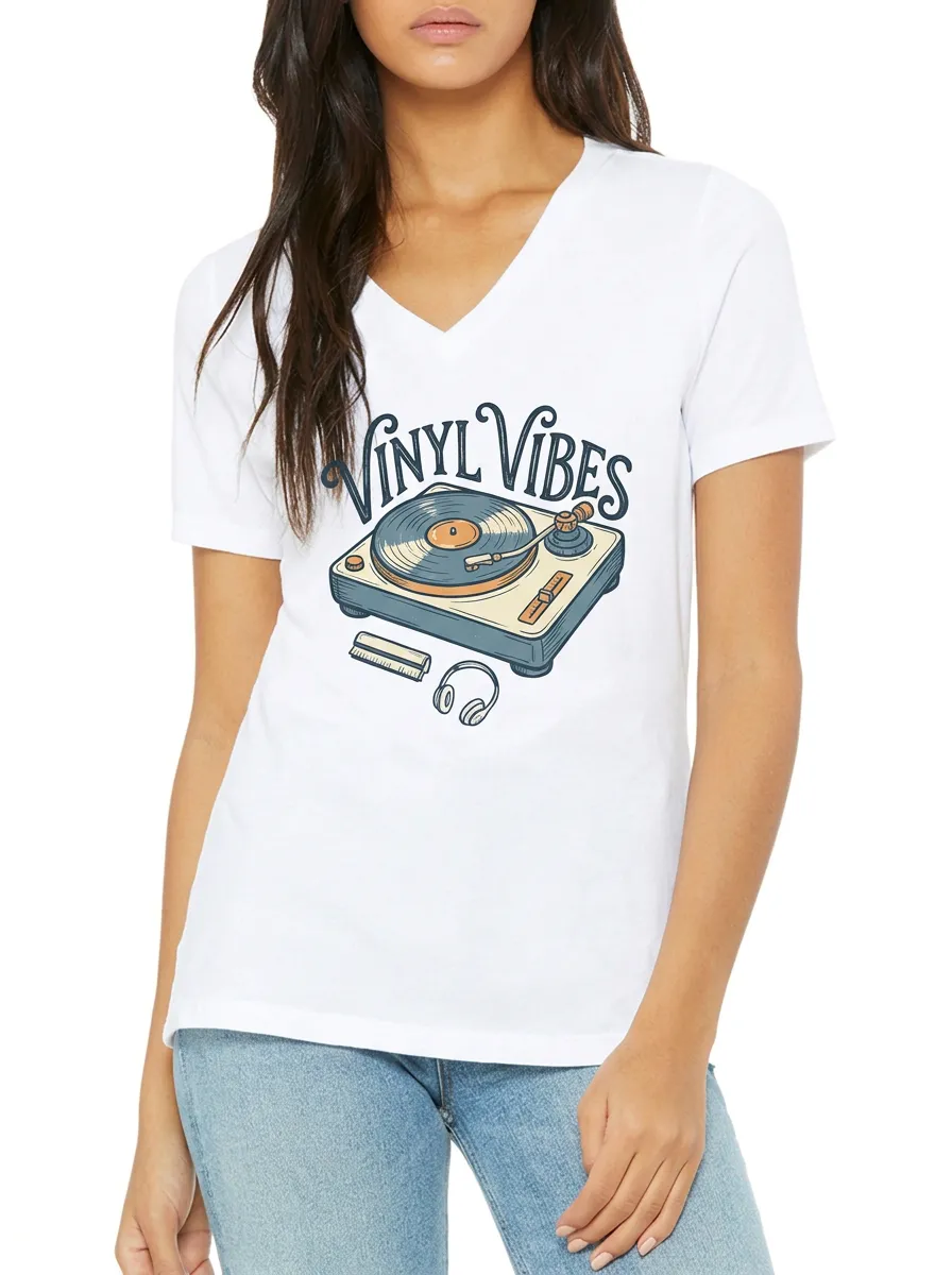 Women's Music Lover Vinyl Record Player Printed V-neck T-shirt