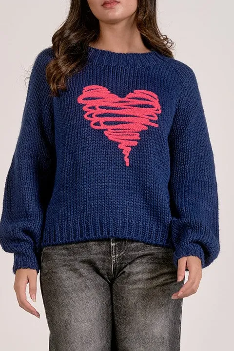 Women's Navy Red Heart Crew Neck Sweater