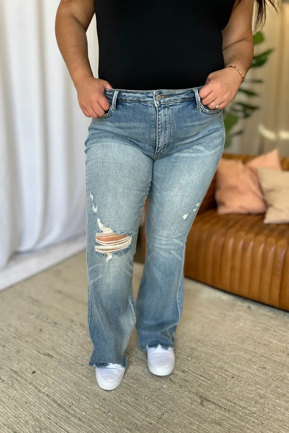 Rise Tummy Control Destroy Flared Denim Jeans