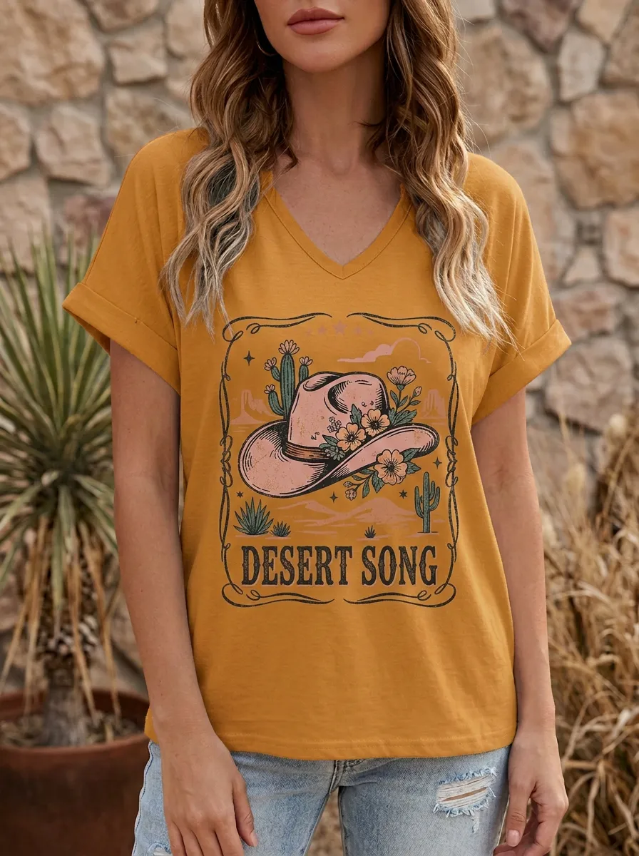 Cowboy-Hat Cactus Floral Women's V-Neck T-Shirt