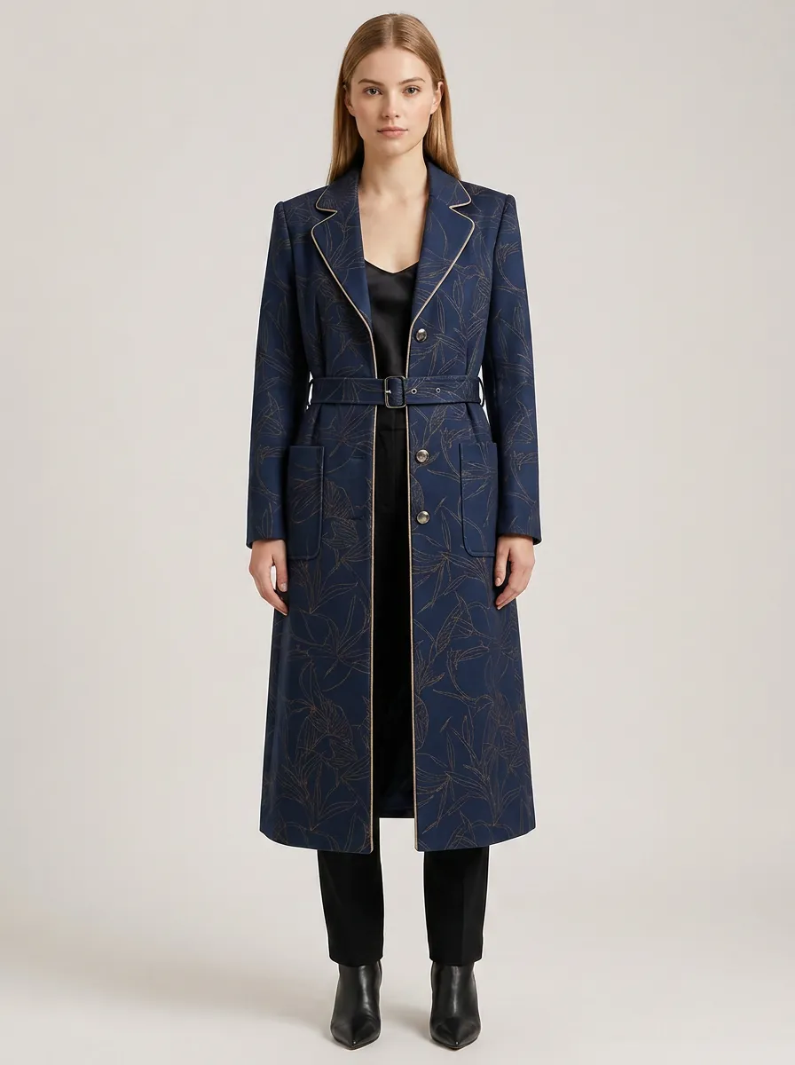 Women's Botanical Floral Navy Blue Printed Trench Coat
