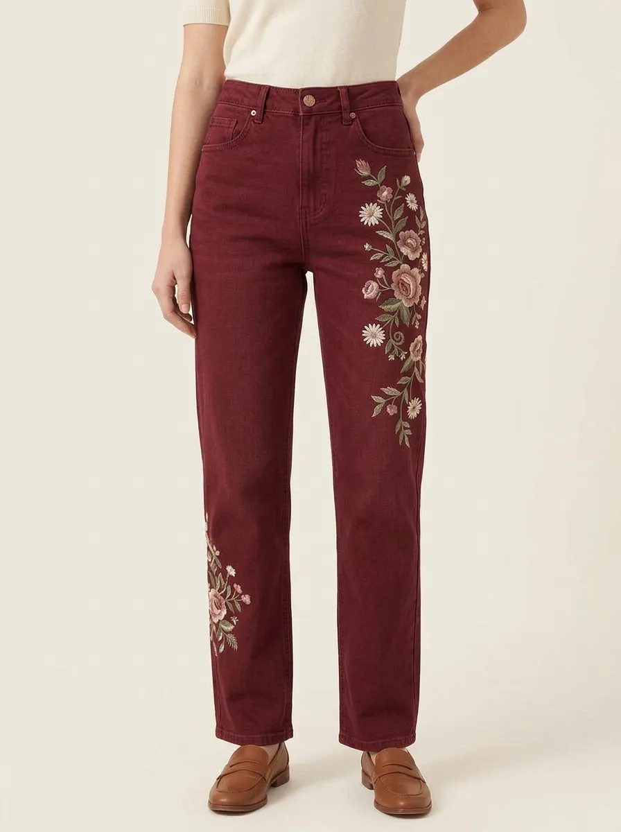 Women's Floral Lover Daisy Rose Embroidered Straight Leg Jeans