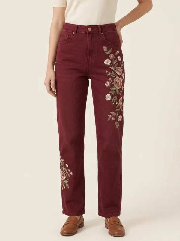 Women's Floral Lover Daisy Rose Embroidered Straight Leg Jeans