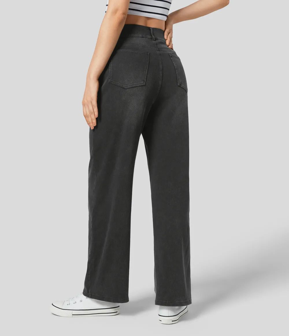 Magic High Waisted Decorative Button Multiple Pockets Straight Leg Stretchy Knit Casual Boyfriend Jeans