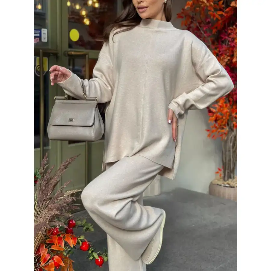Slit Mock Neck Top and Pants Sweater Set