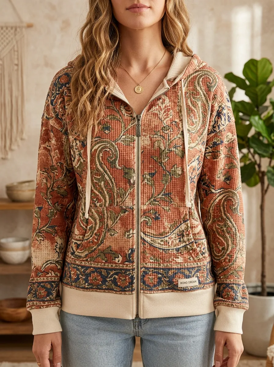 Women's Boho Paisley Floral Printed Waffle Knit Zip Hoodie