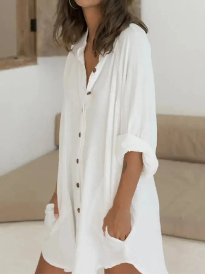 Women's Cotton Linen Loose Half Sleeve Shirt Dress