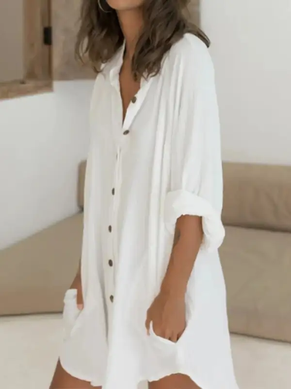 Women's Cotton Linen Loose Half Sleeve Shirt Dress