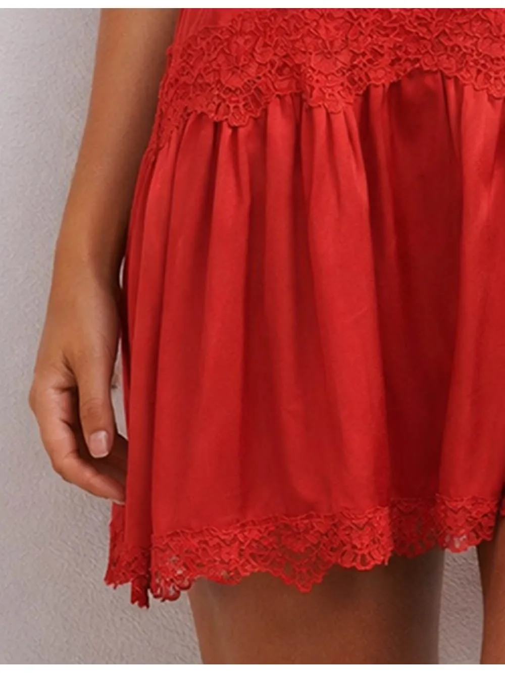 Satin V Neck Sleeveless Lace Panel Babydoll Mini Dress