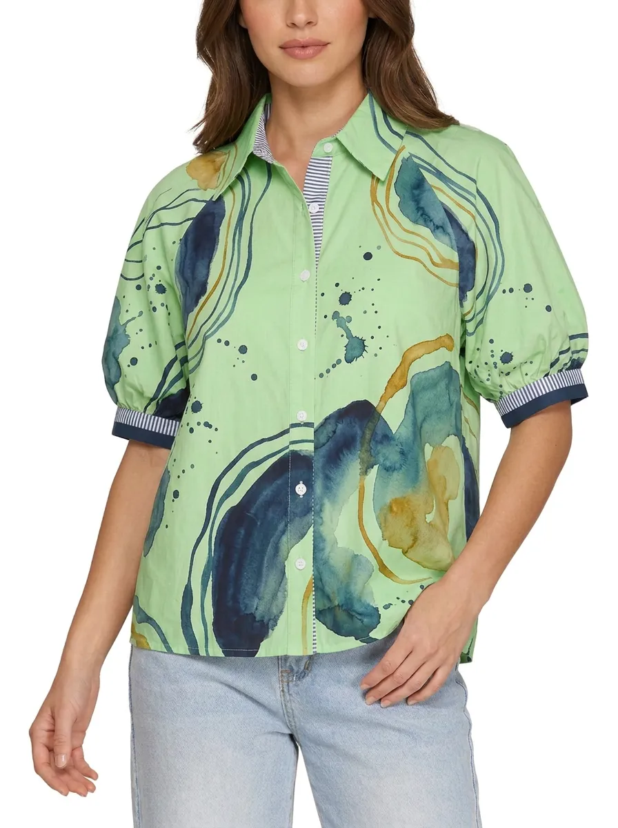 Women's Abstract Watercolor Ink Splash Printed Button-Up Shirt