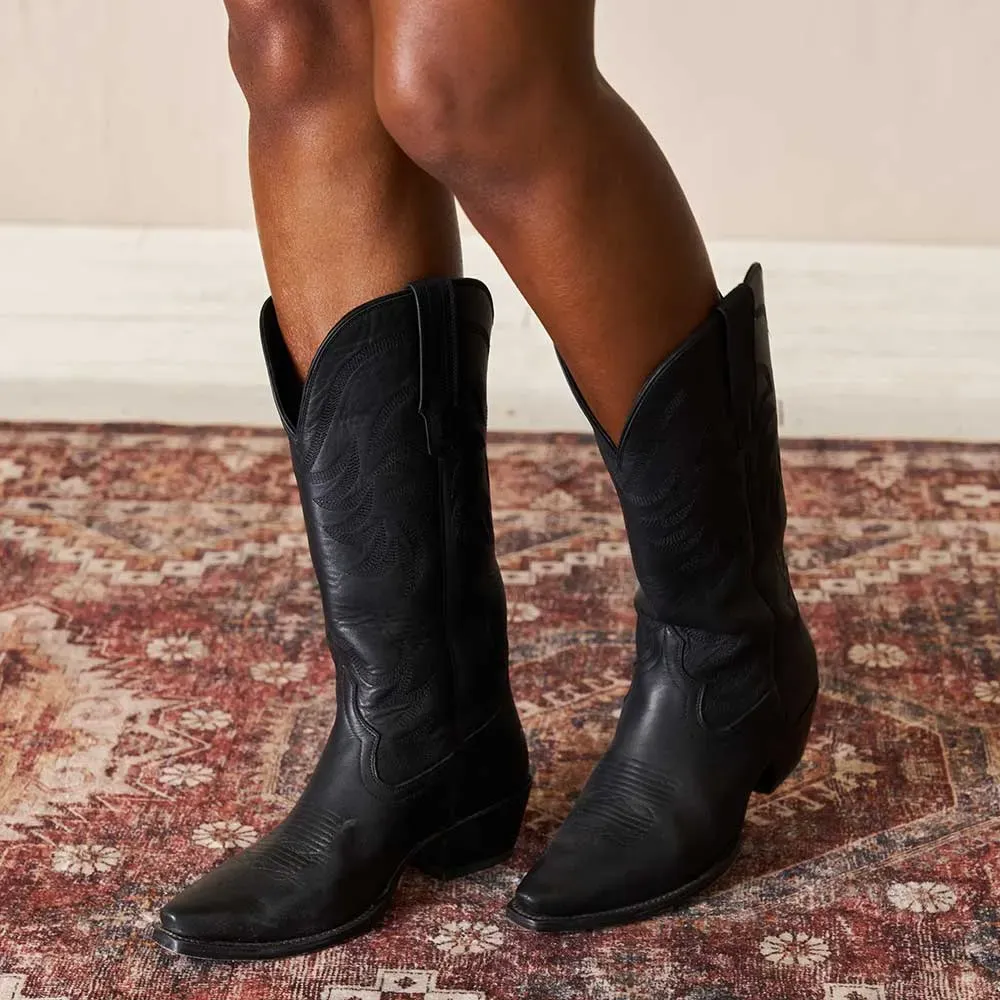 Refined Faux-Leather Embroidered Pointed-Toe Snip-Toe Mid-Calf Boots