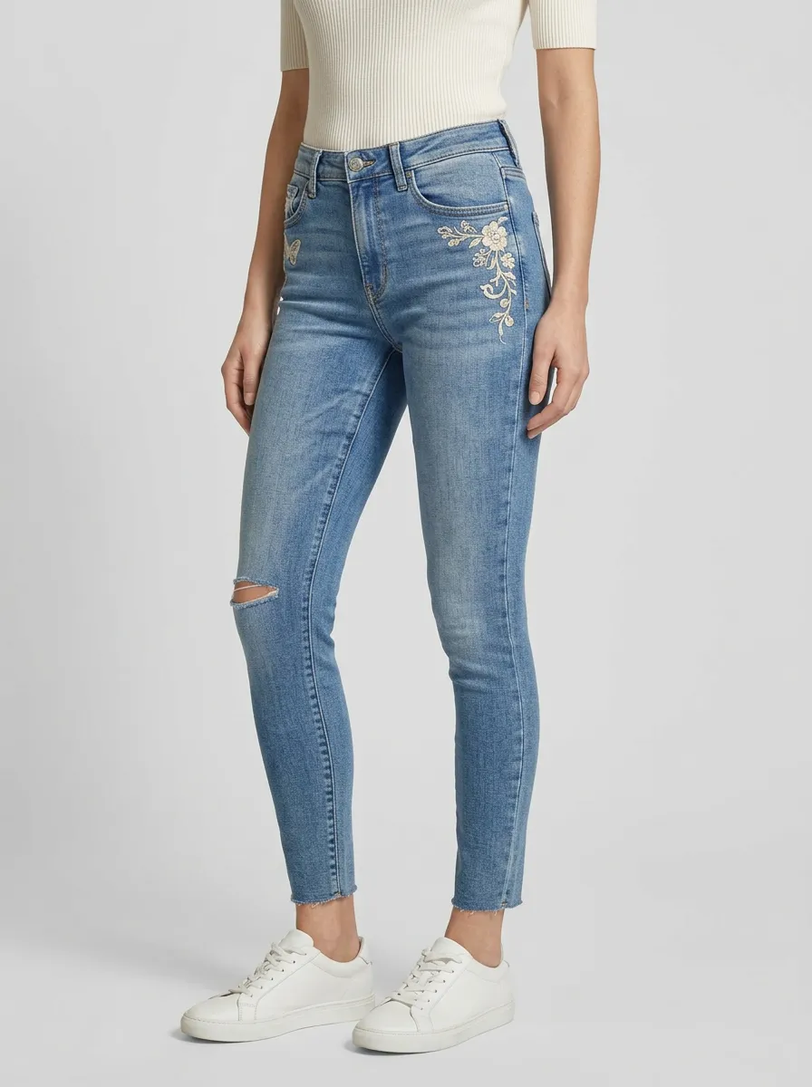 Women's Floral Butterfly Embroidered Ripped Slim Jeans