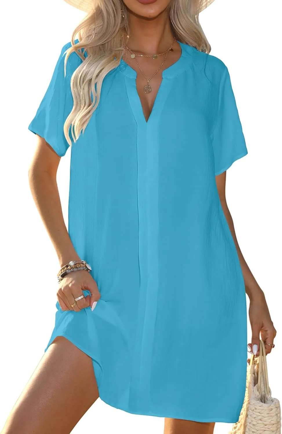 Women's Swimsuit Coverup V Neck Short Sleeve Beach Cover Ups