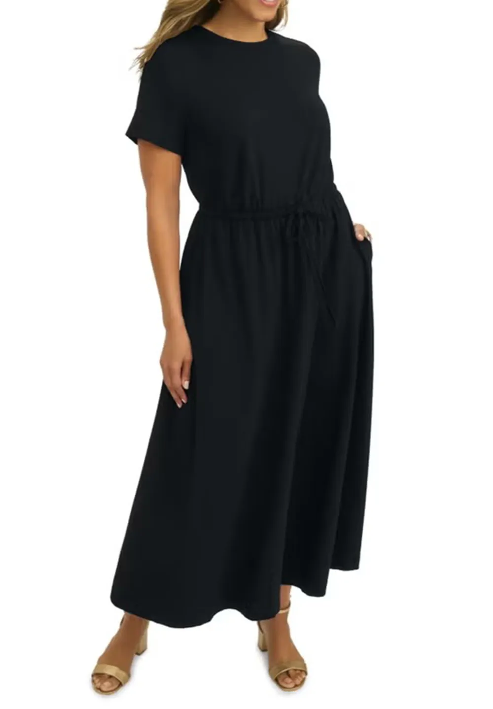 Solid Color Waist Cinched Round Neck Dress