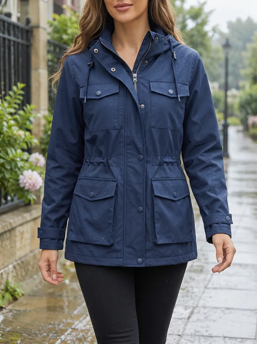 Women's Navy Blue Hooded Waterproof Utility Jacket with a Hood