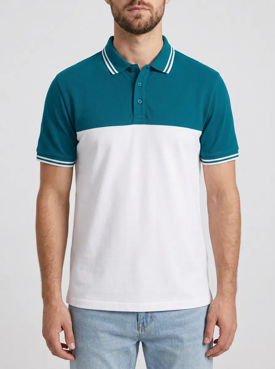 Men's Casual Colorblock Striped Trim Printed Polo Shirt
