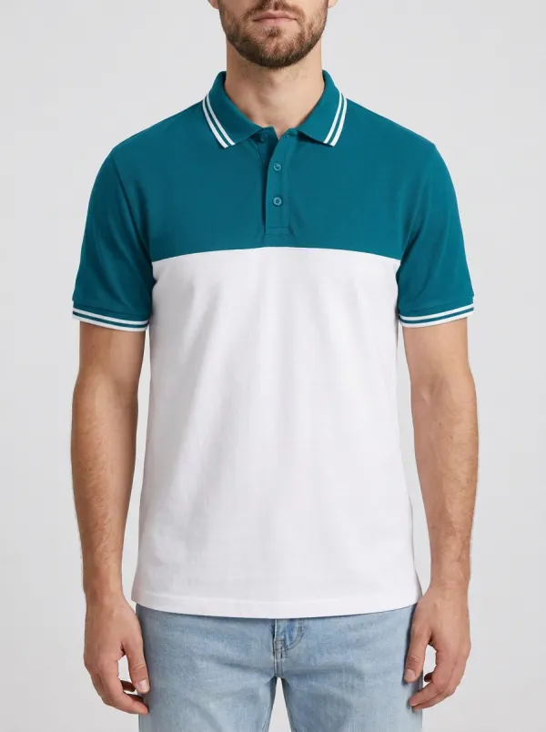 Men's Casual Colorblock Striped Trim Printed Polo Shirt