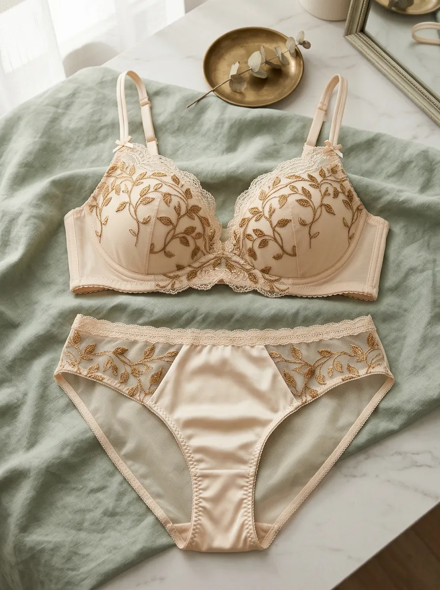 Women's Floral Embroidery Mesh Embroidered Satin Look Lingerie Set
