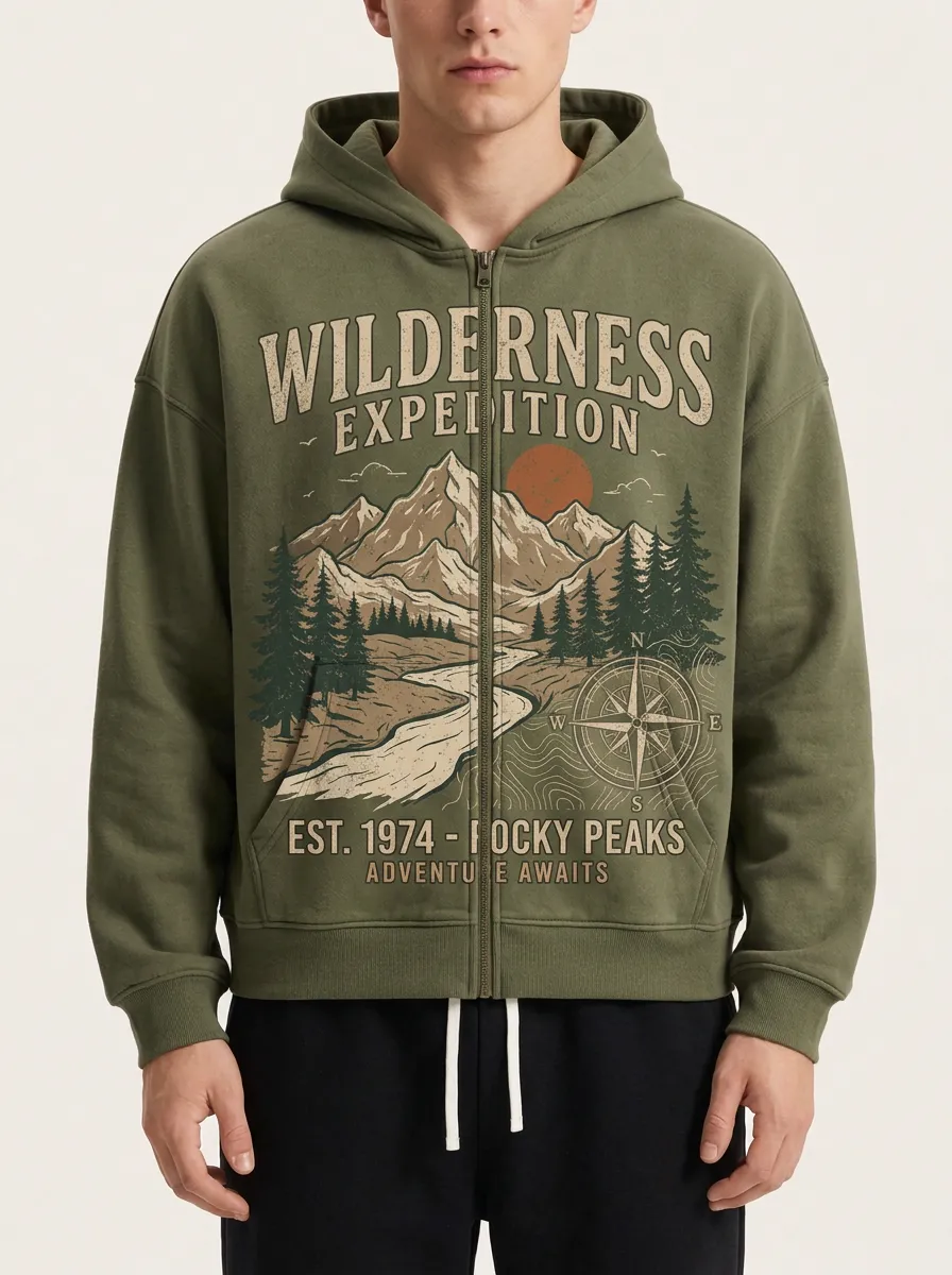 Men's Wilderness Expedition Mountain Compass Printed Zip-up Hoodie