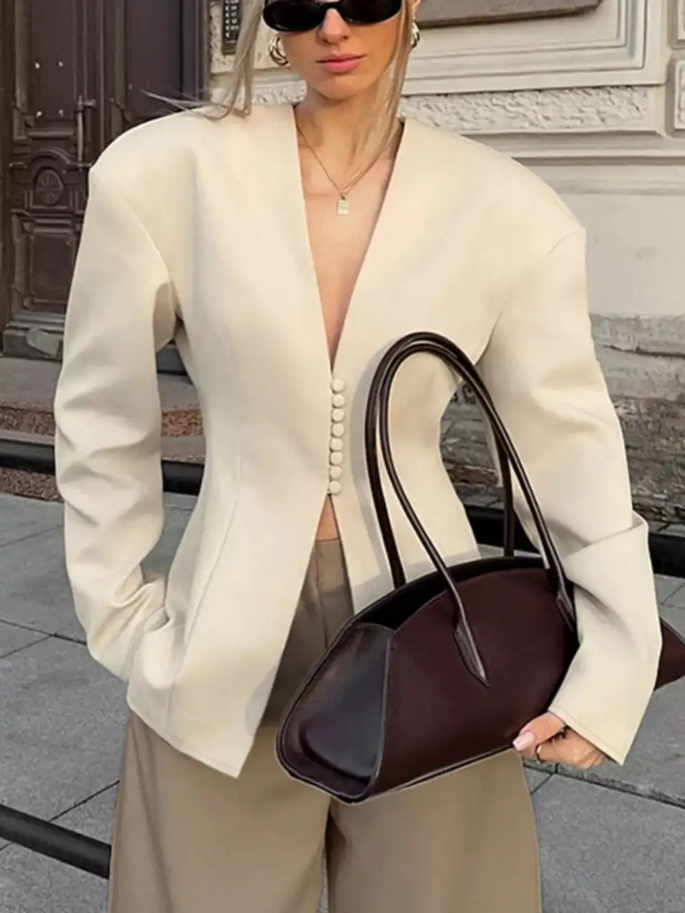 Button-Up V-Neck Structured-Shoulder Blazer