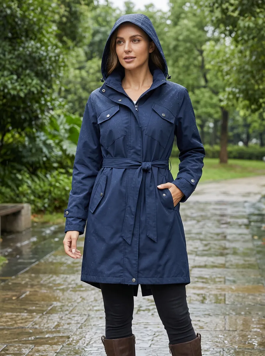 Women's Navy Blue Hooded Belted Waterproof Rain Jacket