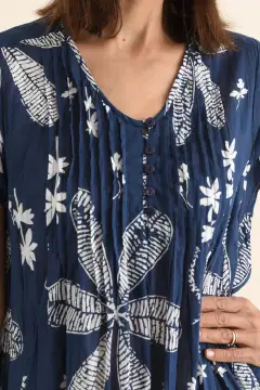 Above-Knee Floral Cotton Button-Front Pocket V-Neck Short-Sleeve Dress