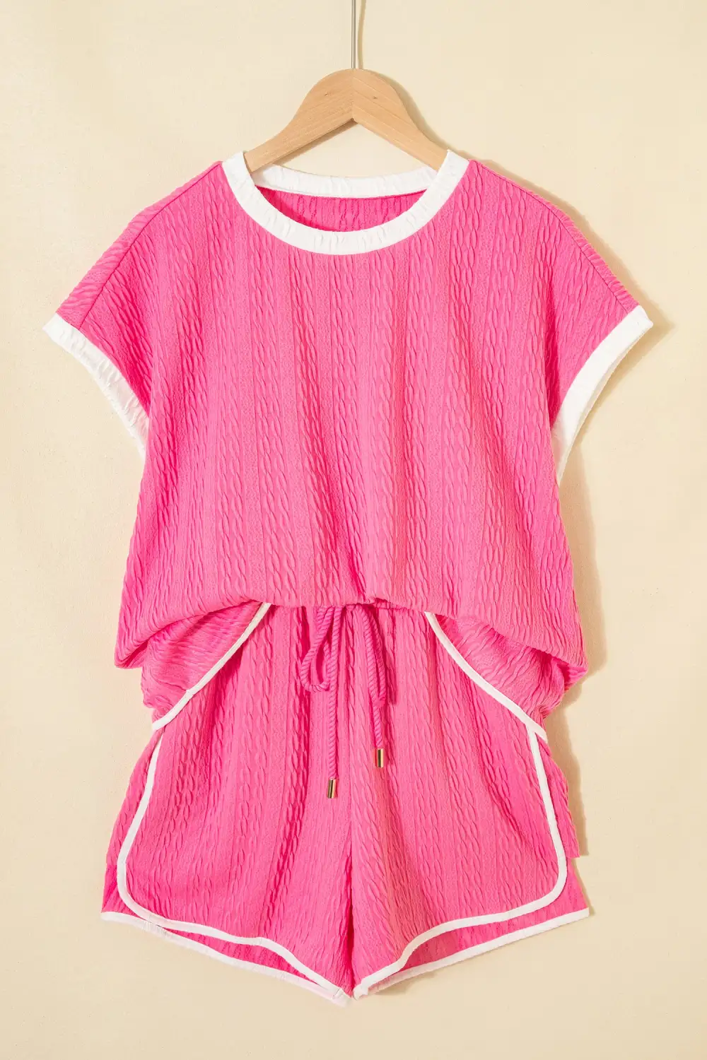 Women's Textured Color Block Trim Loose Tee Drawstring Shorts Two Piece Set