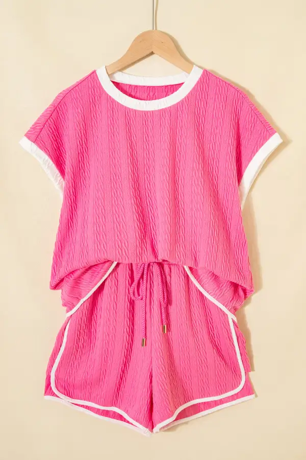 Women's Textured Color Block Trim Loose Tee Drawstring Shorts Two Piece Set