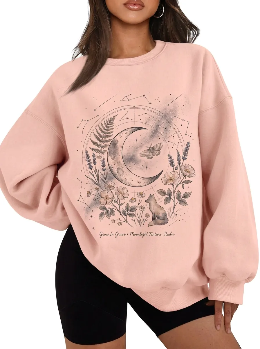 Women's Beige Celestial Fox Moon Floral Crewneck Sweatshirt