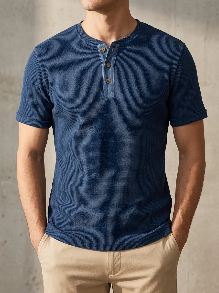 Relaxed Waffle-Knit Men's Short-Sleeve Henley Shirt