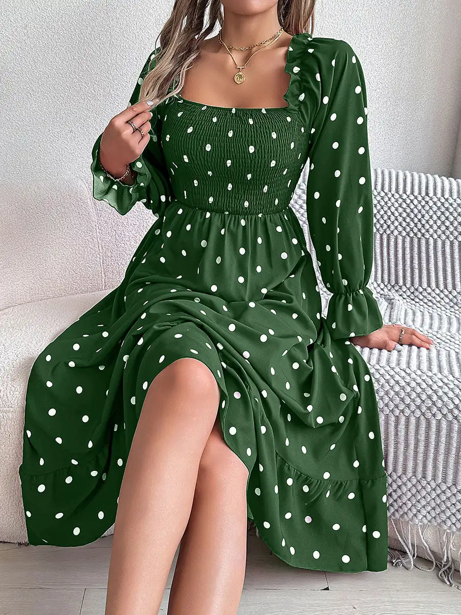 Pleated Ruffled Polka Dot Long Neck Shirt