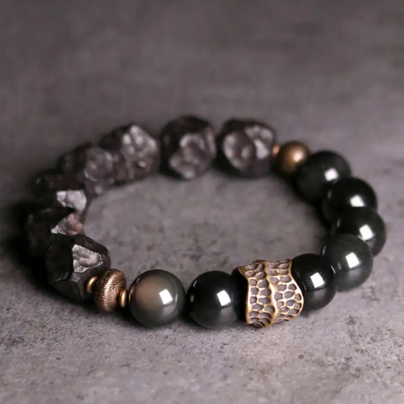 Obsidian Ebony Wood Copper Couple Bracelet