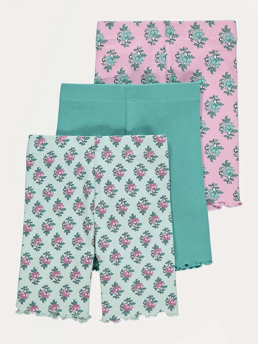 Floral Ribbed Lettuce Edge Shorts 3 Pack