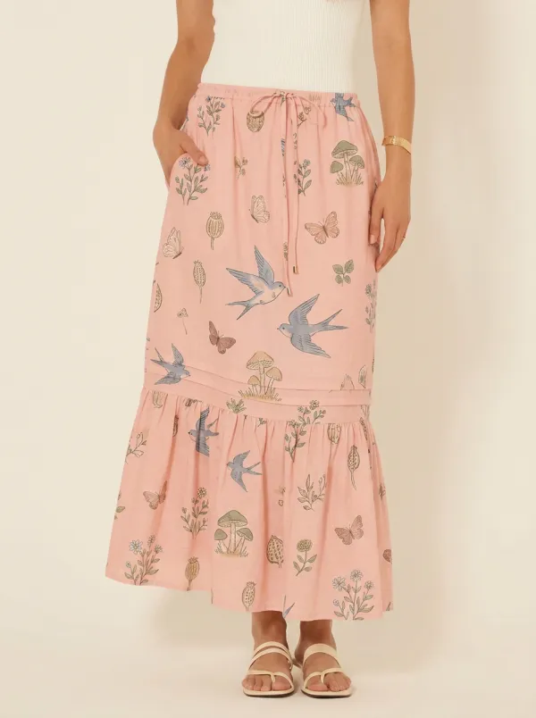 Women's Cottagecore Nature Lover Swallow Mushroom Butterfly Printed Midi Skirt