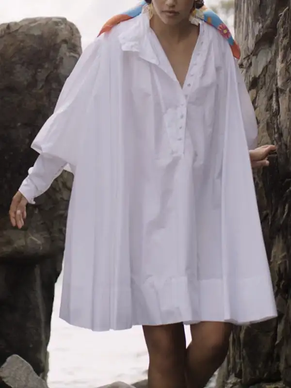 Long Sleeve Relaxed Buttoned Solid Color Stand Collar Mini Dress Shirt