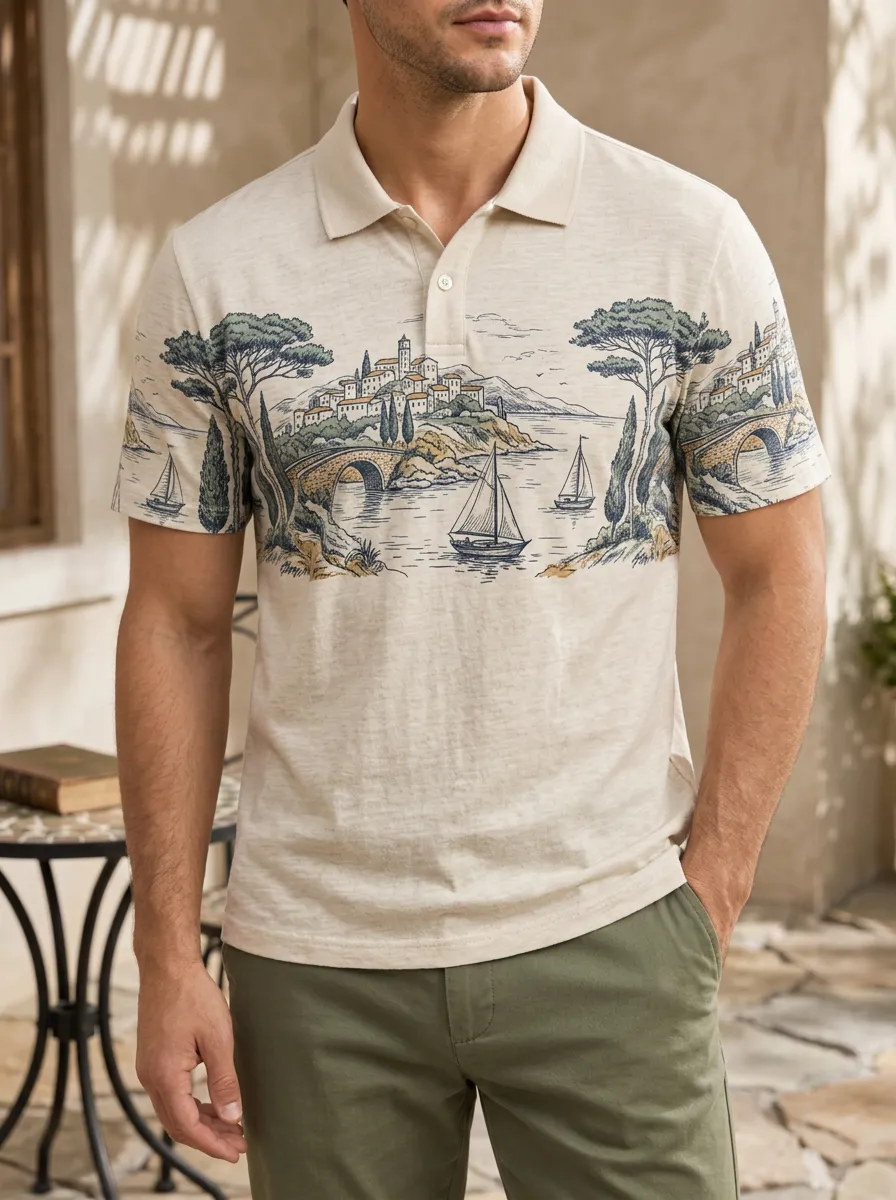 Men's Mediterranean Coastal Village Sailboat Printed Polo Shirt Relaxed Daily Style