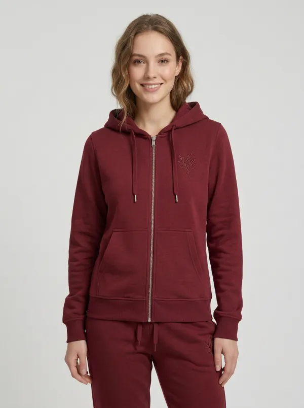 Women's Sage Green Botanical Leaf Embroidered Zip-Up Hoodie Jacket & Jogger Set
