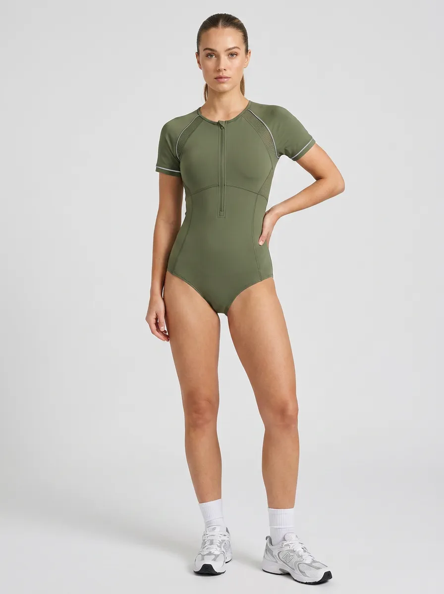 Women's Athletic Olive Green Zip-Front Short Sleeve Bodysuit